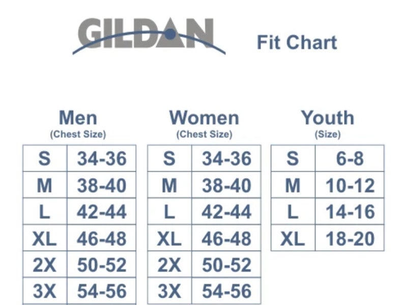 May include: A size chart for men, women, and youth clothing. The chart shows the corresponding chest size in inches for men and women, and the corresponding size for youth clothing. The chart is labeled "GILDAN Fit Chart".