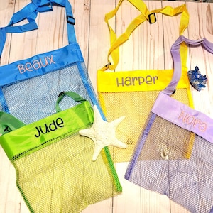 Personalized shell bags for the beach! Embroidered Nylon net holiday vacation kid&#39;s beach bag pink purple blue green yellow summer seashells