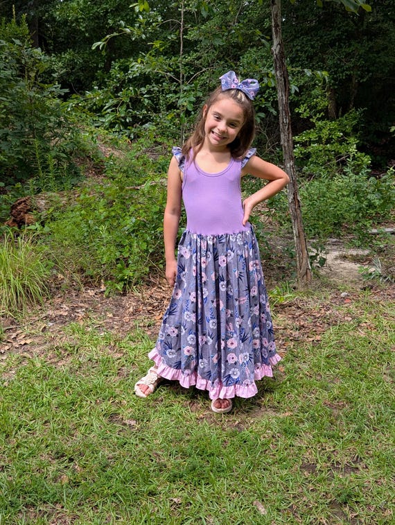 Girls Purple Floral Maxi Dress 4, 6-8 | Ribbed Tank Top Dress with Flutter Sleeves | Purple Blue Flower Print | Summer Boutique Dress