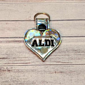 シルバーメタリックサークル Aldi ハート食料品店 クォーターキーパーホルダー キーフォブ キーチェーン。