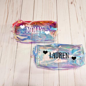 Personalized Iridescent Pencil Case or Makeup Pouch – Custom Name & Hearts in Vinyl – Large Zipper – Pink Blue Holographic Bag, gift for her