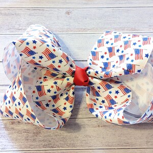 Patriotic American Flag Hair Bow | White Grosgrain 5” or 8” Bow for Girls | 4th of July Sublimated Hair Clip, red white blue, hair accessory
