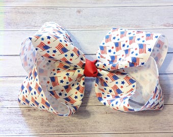 Patriotic American Flag Hair Bow | White Grosgrain 5” or 8” Bow for Girls | 4th of July Sublimated Hair Clip, red white blue, hair accessory