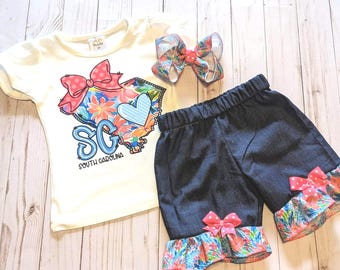 Flickors set från South Carolina, t-shirt med volangshorts och rosett, 2t 3t 4t 5t, preppy blommig outfit, stor rosett i delstaten, BEDÅRANDE outfit, blårosa vit