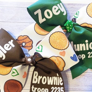 Girl scouts personalized hair bow with cookies blue green brown tan daisy brownie junior Cadette bows troop number title cookie dealer