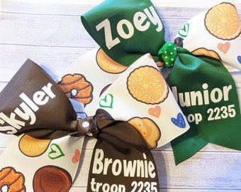 Girl scouts personalized hair bow with cookies blue green brown tan daisy brownie junior Cadette bows troop number title cookie dealer
