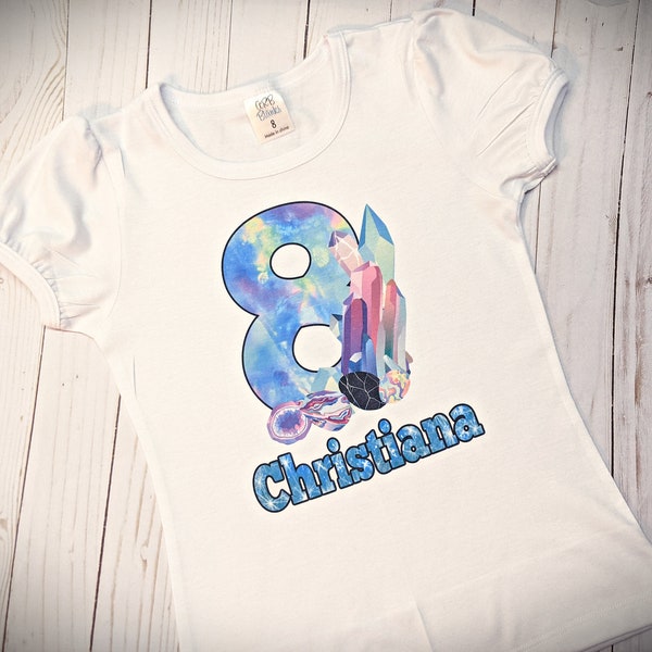 Girl's Geology birthday shirt, personalized short sleeve tee, Crystals rocks  geodes agates quartz custom shirt, gemstone lover T-shirt