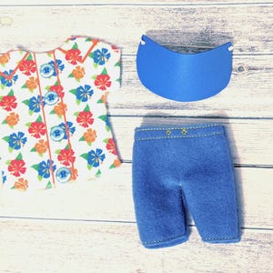 elf-sized Beach set, shirt shorts and visor vacation 10&quot; doll, girl boy sweater outfit, elf-type clothes, hawaiian shirt, elf clothes