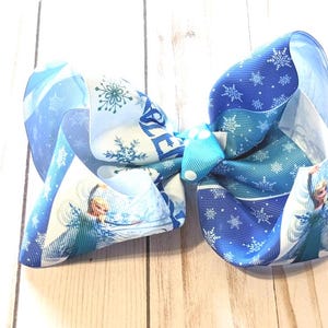 Cute Frozen bow, Elsa Olaf Anna, 5" or 8"  girls hair accessories, floppy hairbow, blue white teal barrette, big princess hair clip, small