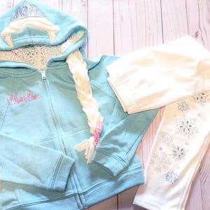 Girls Personalized Elsa hoodie with braid, snowflakes name! frozen hooded sweatshirt jacket, girls size 4 5 6  8, aqua  crystal leggings set