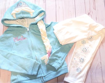 Girls Personalized Elsa hoodie with braid, snowflakes name! frozen hooded sweatshirt jacket, girls size 4 5 6  8, aqua  crystal leggings set