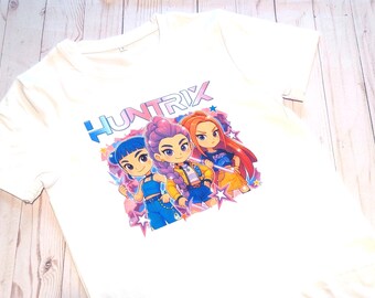 Camiseta para fãs de Huntr/x, camiseta infantil de kpop, camiseta de manga curta de caçador de demônios kpop, presente para meninas, huntrix, camiseta rosa roxa para meninos saja