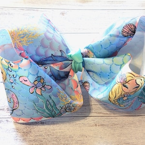 Lazo de sirena rubia, lazo de escamas, lazo para niñas, azul rosa, morado, bajo el mar, linda sirena, lazo para el cabello personalizado con clip, cinta USDR USD