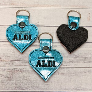 Teal Aldi quarter keeper, key fob, Glitter vinyl, blue green aqua turquoise metallic heart grocery holder, key chain sparkle  READY TO SHIP!