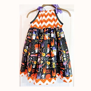 Funky Halloween 5t 6 7 8 dress, orange white chevron, gathered fall dress, rock band, SO CUTE!   Halloween party outfit, sparkle