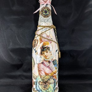 Fancy Lady in Paris, Decorated Bottle, Floral Decoupage, Crackle paint, Jewelry embellishments