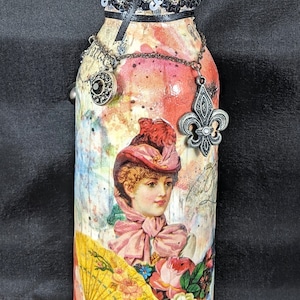 Fancy Lady in Paris II, Decorated Bottle, Floral Decoupage, Crackle paint, Jewelry embellishments