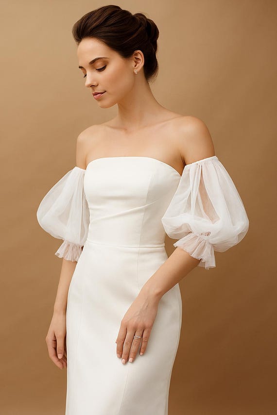 White Mesh Puff Sleeve Cuffs - Bridal Dress Accessory White Mesh Puff Sleeve Cuffs - Bridal Dress Accessory