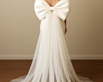Detachable Satin Bow with Tulle Tail: Wedding Dress Sash Belt