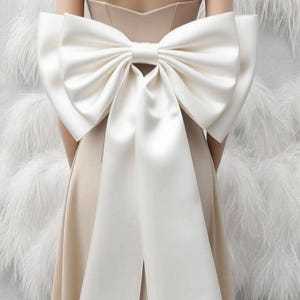 May include: A beige strapless dress with a large white satin bow at the back. The bow is the main feature, with long, flowing tails. The background has white feathers, providing a soft texture.
