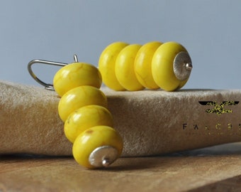 Silver earrings with howlite lozenges "Yellow mentos" • Artisan gemstone jewelry with eyecatching color