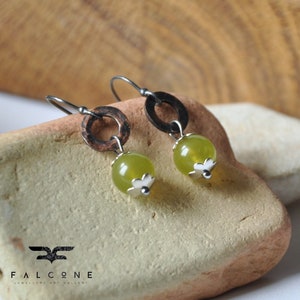 Silver earrings with jade & copper "Green Apples" • Handmade jewelry with gemstones • Petite earrings in green color • Modern metal earrings