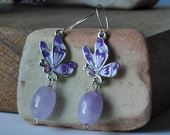 Silver earrings with amethysts and enameled butterflies "Pastel Amethysts" • Artisan upcycled jewelry with February birthstone.