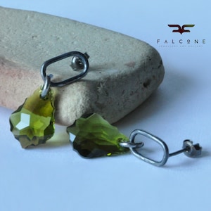 Elegant Silver Stud Earrings with Olive Green Swarovski Crystals &quot;Forest Elves&quot; • Subtle Artisan Jewelry • Green Earrings.