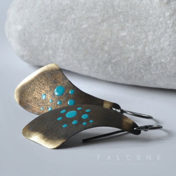 Brass earrings in bronze color with enameled turquoise dots "Feathers with Spots in Turquoise" • Handmade brass earrings • Feminine jewelry.