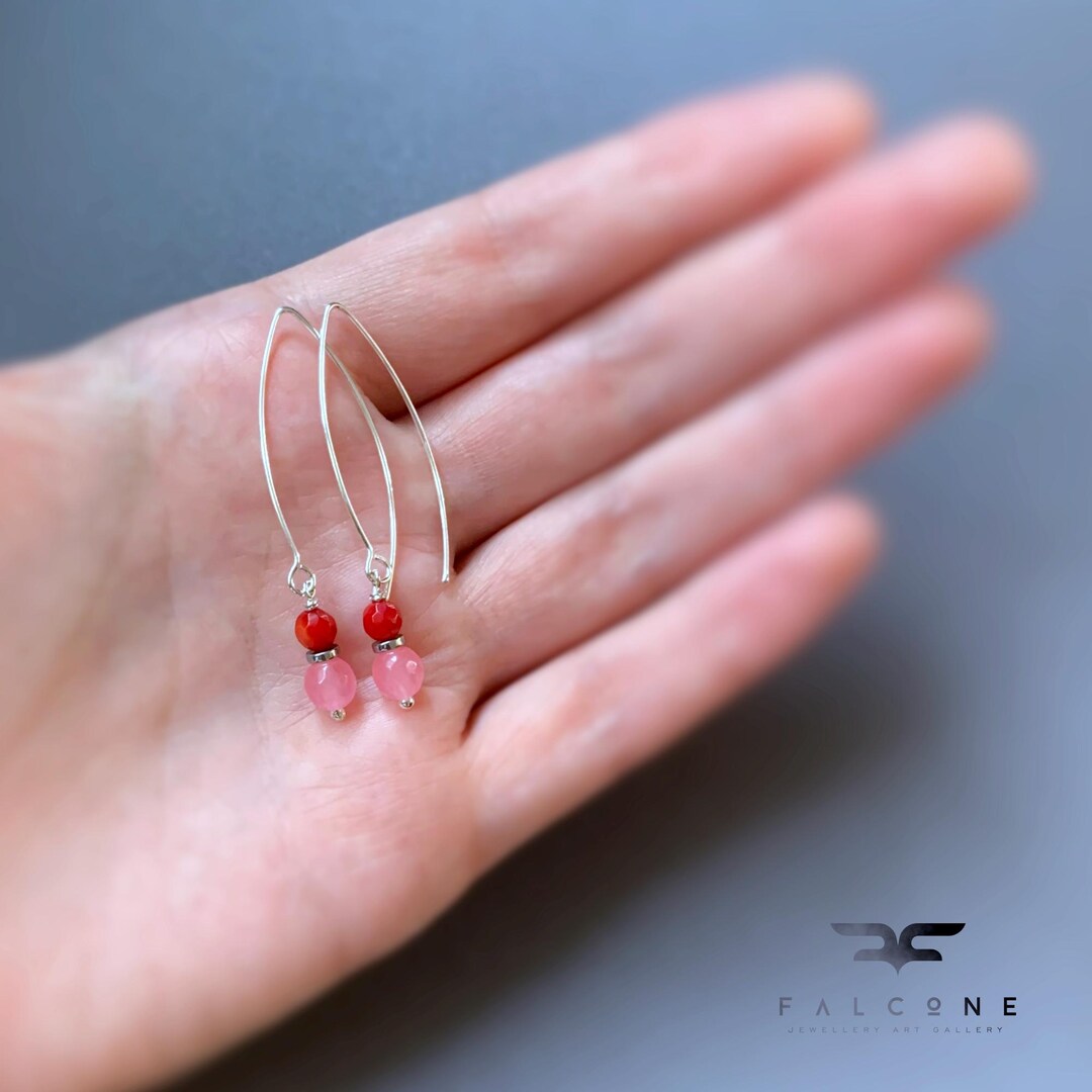 Boucles D'oreilles Dormeuses En Argent 925 - Agate Rouge En Forme De Fleur Et Corail Rose, Neuves Avec étiquettes