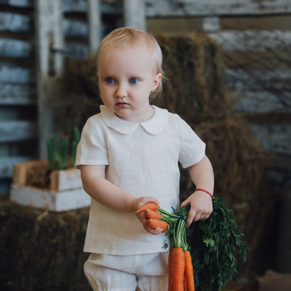 White shirt with Peter Pan collar, baptism Baby Shirt, first Birthday baby boy Clothing, christening linen shirt