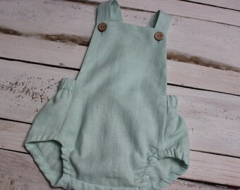 Mint Linen romper for baby, Cake Smash Outfit, Baby Boy toddler romper, 1st birthday linen clothes