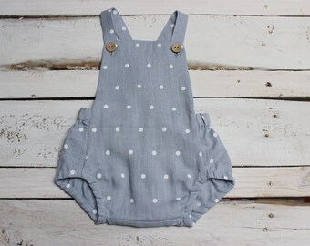 Blue grey linen romper for baby, Cake Smash polka dot romper, 1st birthday linen clothes