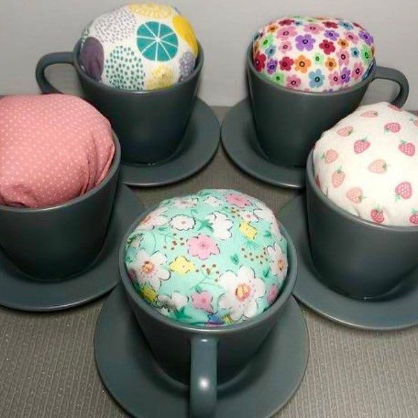 tea cup pincushions handmade, sewing gifts for women, craft room organization, strawberry pin cushion kit, sewist gifts, sewing supplies