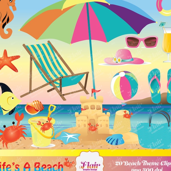 LIFE'S A Beach Digital Clipart Pack, Summer Clipart, Beach Clipart, Flip Flop Sandals, Vacation, Clipart,  Invitations, Scrapbooking,