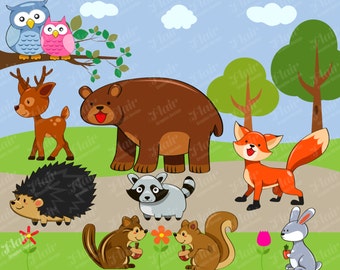WOODLAND ANIMALS Digital Clipart, Forest Animals, Wildlife Clipart, Bear, Raccoon, Fox, Deer, Squirrel, Chipmunk, Hedgehog, Rabbit