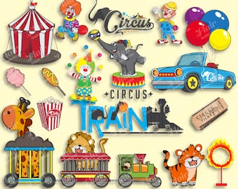 CIRCUS FUN Digital Clipart, Fun Clowns, Train, Animals, Giraffe, Lion, Tiger, Monkey, Elephant, Pop Corn, Balloons, Circus Tent