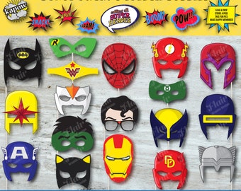 SUPERHEROES Photobooth Masks and Superhero Speech Bubbles, Comic Book Party, Digital Masks, Costume Party, Kids Birthday, Halloween Masks