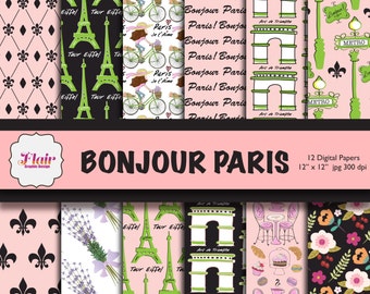 Bonjour Paris Digital Papers in Pink, Green and Black, Hand Drawn Paris Theme, Bicycle, Lavender, Eiffel Tower, Macarons, Flowers, Travel