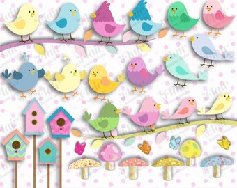 PASTEL BIRDS Clipart, Bird Clipart, Cute Birds, Easter Birds, Birdhouse,  Butterflies, Tree Branch, Party Props, Invitations