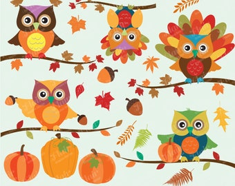 AUTUMN OWLS Digital Clipart, Pumpkin, Fall Colors, Farm Clipart. Thanksgiving Hoots, Fall Owls, Bird Clipart, Supplies, Commercial Use