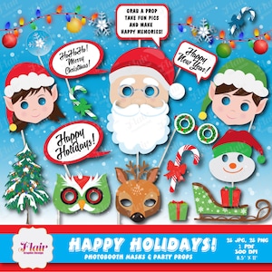 HAPPY HOLIDAYS Photobooth Masken und Party Requisiten, Weihnachten, Neujahr, Rentier Maske, Schneemann, Owk, Elfen Masken, Weihnachtsbaum