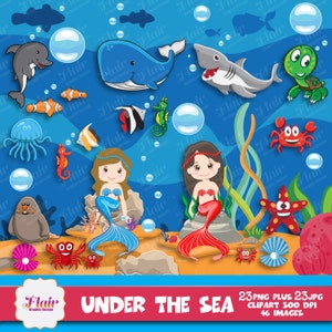 BAJO EL MAR Imágenes Prediseñadas Digitales, Imágenes Prediseñadas de Sirena, Tiburón, Ballena, Delfín, Langosta, Cangrejo, Foca, Estrella de Mar, Conchas, Pez Payaso, Ostra