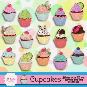 Cupcakes Digital Clipart, Cupcakes Dibujados a Mano, Frutas, Boda, Dulce, Cumpleaños, Panadería, Dulces, Hornear, Scrapbooking