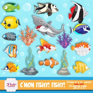 VAMOS PEIXE! Duvidoso! Clipart digital e papéis digitais, fundo do mar, criaturas marinhas, tubarão, peixe-palhaço, praia, bolhas, verão