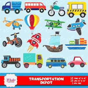 TRANSPORT DEPOT clipart, auto's clipart, helikopter, hete luchtballon, schip, raket, auto, bus, vliegtuig, vrachtwagen, schoolbus