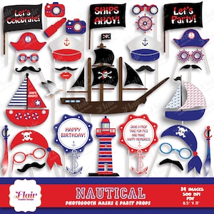 NAUTICAL Photo Booth Masks and Props in Red, White and Blue, Pirate Birthday Props, Nautical Props, Baby Shower, Party Decor