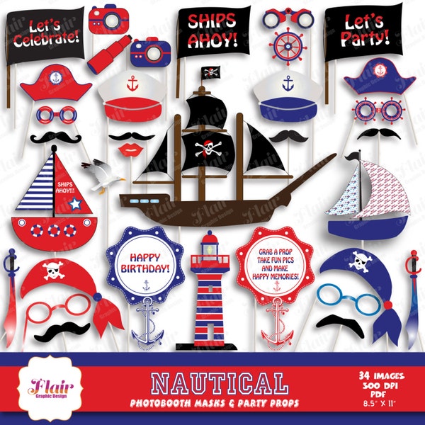 NAUTICAL Photo Booth Masks and Props in Red, White and Blue, Pirate Birthday Props, Nautical Props, Baby Shower, Party Decor