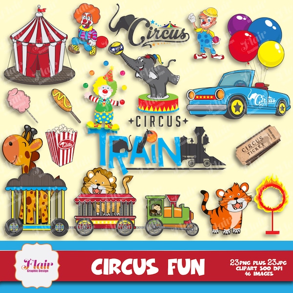 ZIRKUS SPASS Digital Clipart, lustige Clowns, Zug, Tiere, Giraffe, Löwe, Tiger, Affe, Elefant, Pop Corn, Luftballons, Zirkuszelt