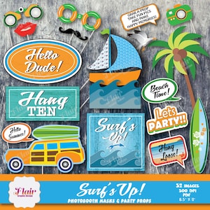 SURF'S UP Photo Booth Maskers en Rekwisieten, Strandfeest, Zomer Photo Booth Maskers, Strandbruiloft, Verjaardagsfeestje Rekwisieten, DIY Maskers